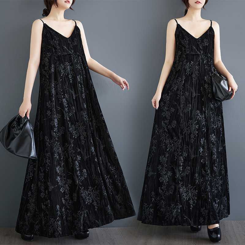 「ファットガール」 2024秋新品 レトロ ベルベット 花柄 キャミワンピース 大きいサイズ 体型カバー レディース レトロ ロングワンピース メガ割30%までに制限