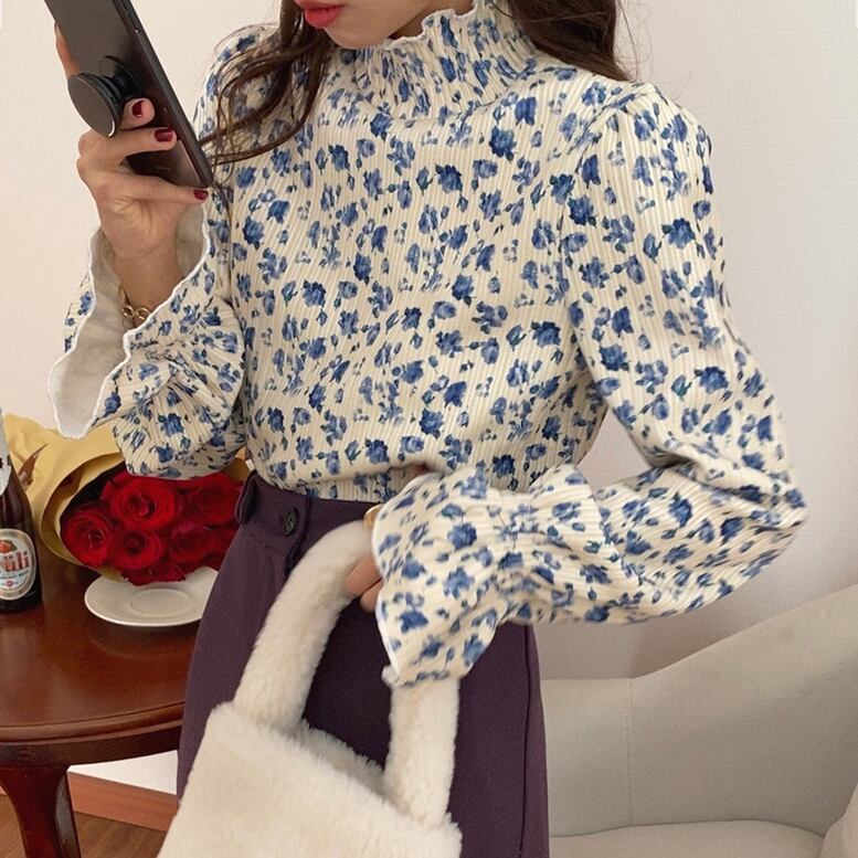 レディース 小花柄ブラウス カットソー フリルネック ロングスリーブプリントプルオーバー