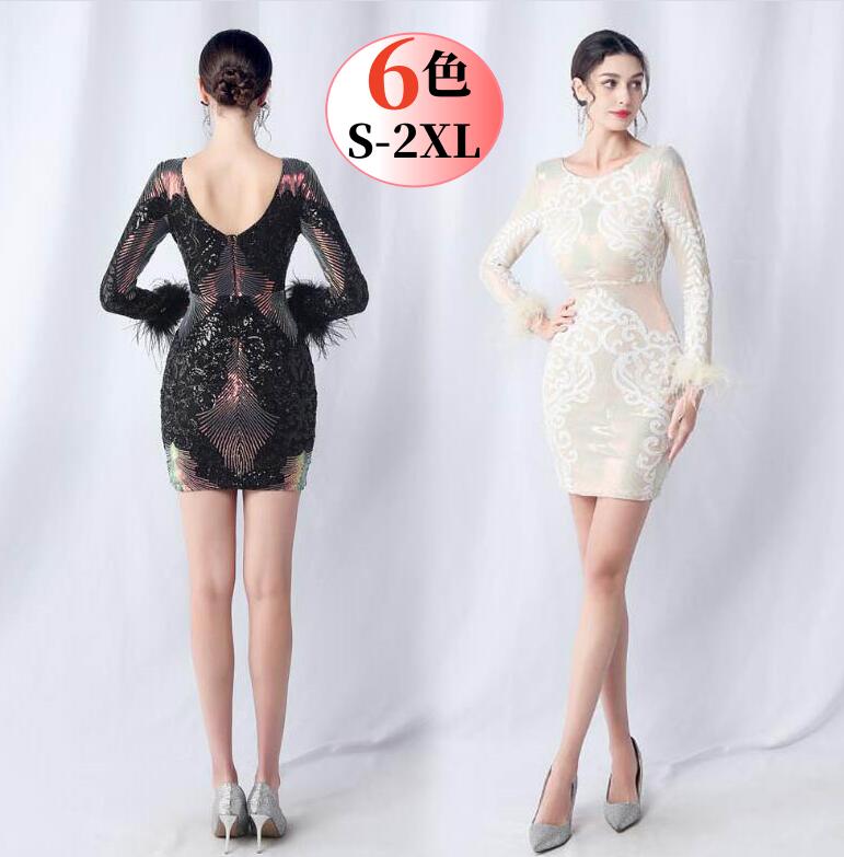 キラキラ ステージドレス 長袖ワンピース ショート丈ドレス 披露宴 二次会 キャバドレス タイトワンピース パーティードレス 上品 女性 30代 40代 50代 結婚式 演奏会 発表会 忘年会 成人式