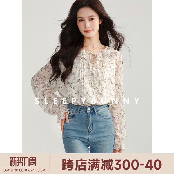 Sleepy Rabbit 長袖 早春の優しいゆったりレースアップシャツ