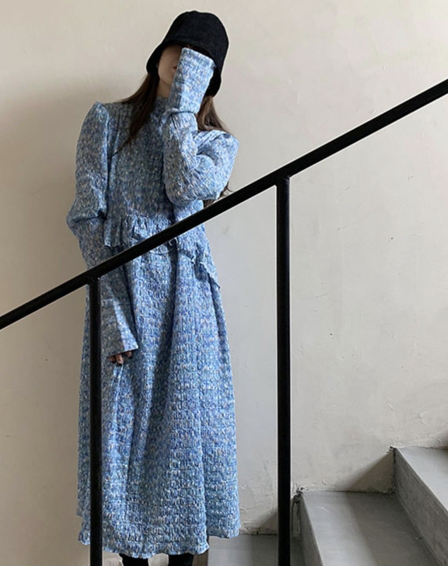 ワンピース フレアワンピース ロング ロング丈 袖あり 長袖 ラウンドネック フレア シフォン フリル ウエストマーク ハイウエスト かわいい きれいめ シンプル カジュアル 大人 上品 おしゃれ