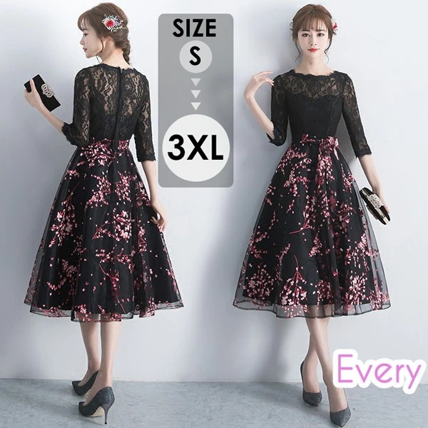 パーティードレス ドレス 大人 ピアノ 発表会 演奏会 韓国 結婚式 母親 ミセス向けドレス 大人 ピアノ 発表会 花柄 ミモレ丈 5分袖 レース お呼ばれ 演出 司会 大きいサイズ 【S/M/L/X 10,708円