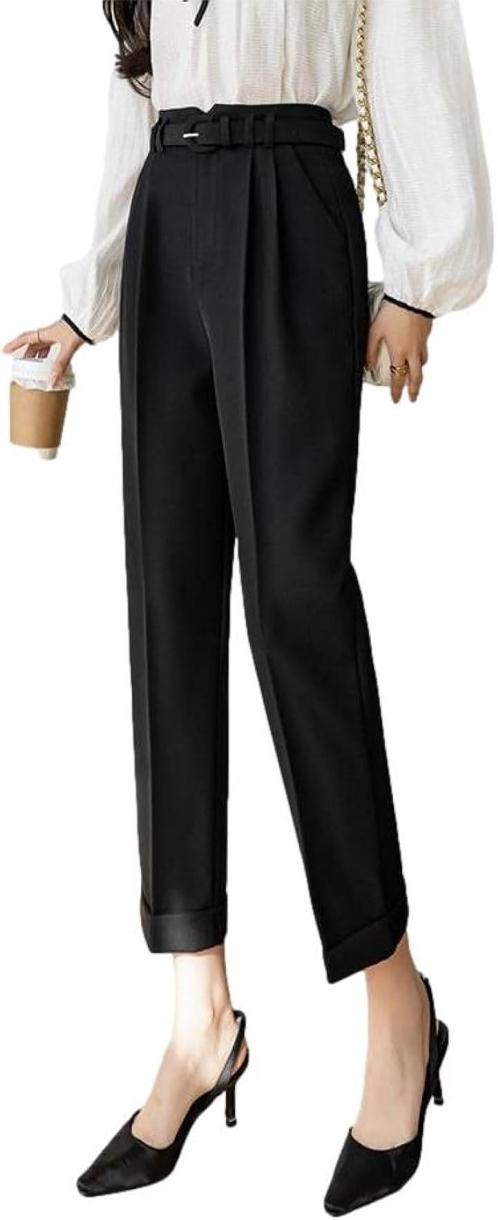 テーパード パンツ アンクル丈 ハイウエスト ロールアップ 風 センタープレス スラックス ベルト付き ストレート スリムパンツ アンクルパンツ フェミニン スタイル(ブラック, M)