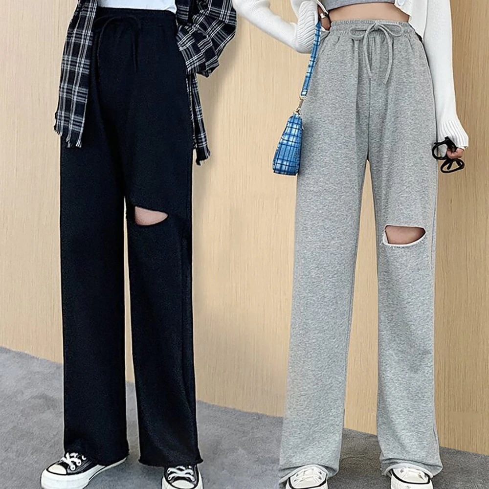 ボトムス パンツ ワイドレッグ ロング丈 ロング ストレートパンツ 穴あき ダメージ加工 デザイン ハイウエスト ズボン スウェット ウエストゴム 伸縮性 ポケット 無地 シンプル 綿 コットン 5,382円