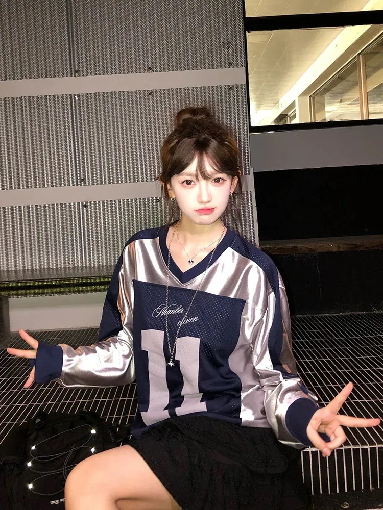 25 韓国可愛い風トップス Tシャツ K-PPファッション長袖ストリート系サイド丈フットシルエットシャツ衣装レディースサイズVネックユニセックスおしゃれカジュアルダンスラグラン配色T