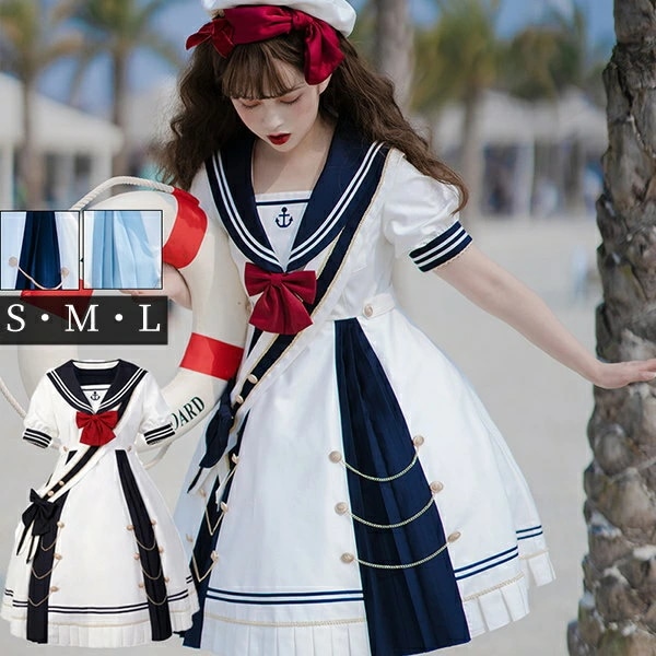 ワンピース レディース ロリータワンピース ロリィタ ゴスロリ クラロリ Aライン 半袖 リボン プリーツ マリン 水平 セーラー服 セーラーワンピ パフスリーブ セーラーカラー 衣装 かわいい パー