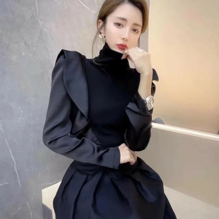 おしゃれ 40代 ブラック 20代 ラッフル 大人 韓国 黒 ハイネック フリル 50代 上品 ブラウス レディース 可愛い シャツ 華やか 30代 コーデ ブラウン ス カジュアル カットソー 長袖