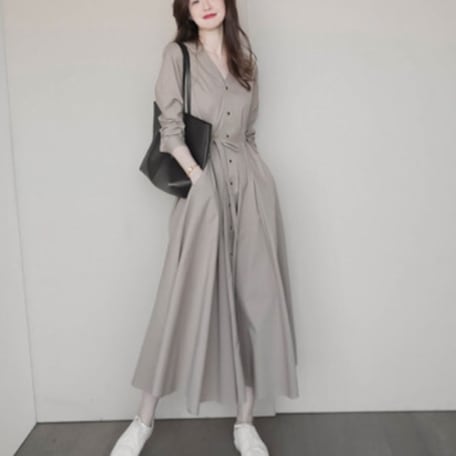 シャツワンピース トップス シンプル グレー 灰色 ロング丈 袖あり 長袖 Vネック フレア