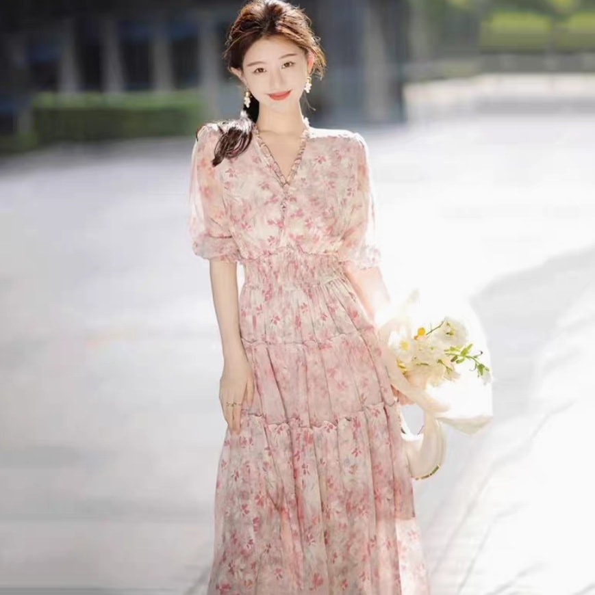 ワンピース フレア ティアード ロング 半袖 パフスリーブ フリル袖 カシュクール Aライン フェミニン フリル ウエストマーク ハイウエスト 切り替えデザイン バイカラー 配色 ドッキング かわいい