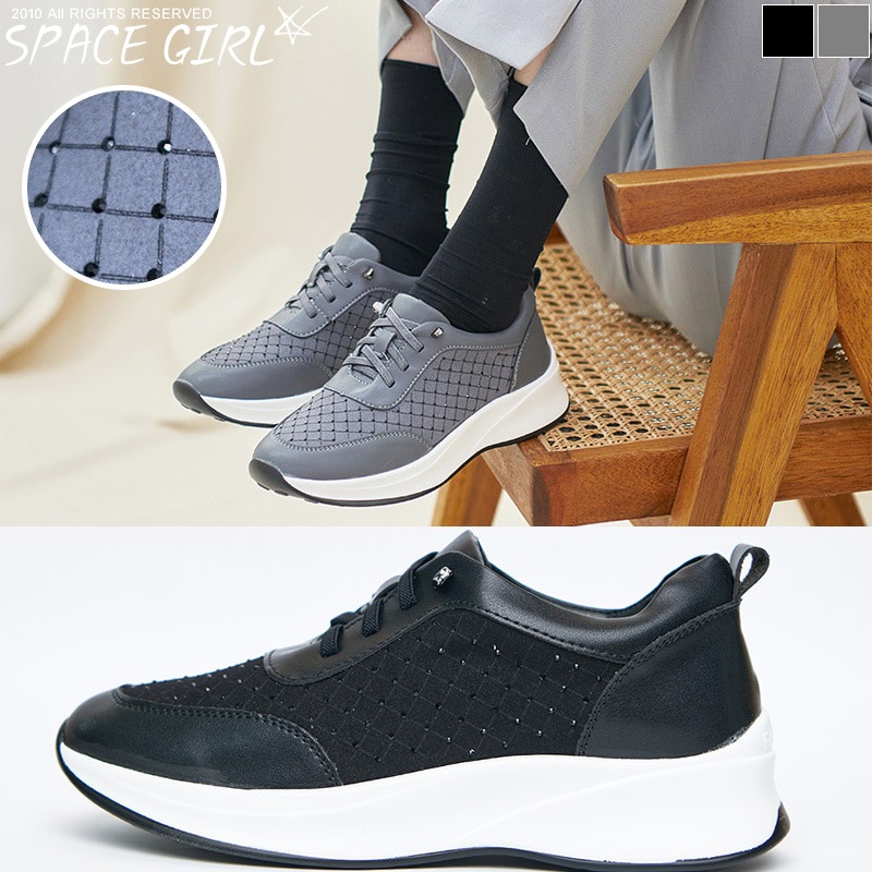 革格子ブラックストーンビーズスニーカー厚底ウェッジヒールレディースカジュアルシューズ