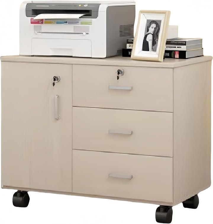 デスクワゴン サイドワゴン キャビネット 袖机 オフィスワゴン デスクサイド 完成品 鍵付き キャスター付き 扉付き チェスト デスク下 収納(ベージュ, 70x40x57cm)