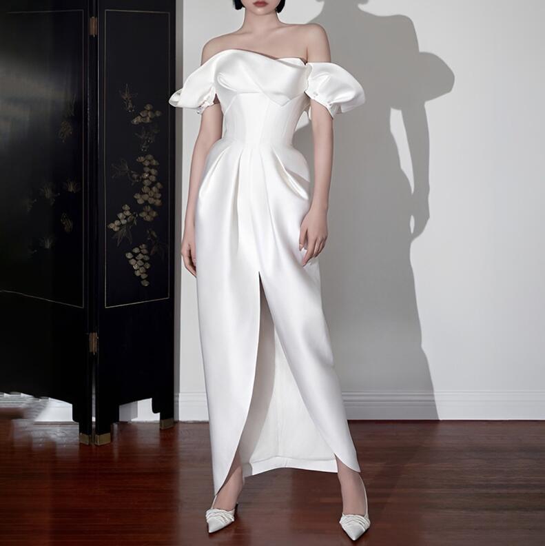 二次会ドレス ホワイトドレス パーティードレス 花嫁ドレス ウェディングドレス ロングドレス フォーマルドレス シンプル 細見え エレガント ブライダル 演奏会 音楽会 海外挙式 二次会 披露宴 後撮