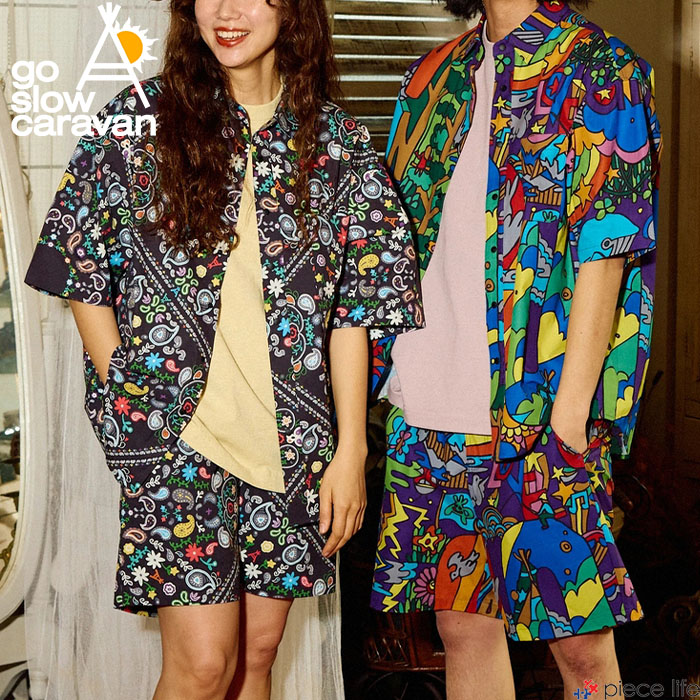 【2026春夏新作】 go slow caravan セットアップ 収納ポーチ付き 開襟シャツ ショーツ 総柄 半袖 ハーフパンツ 吸汗速乾 ストレッチ UVカット メンズ レディース 366401