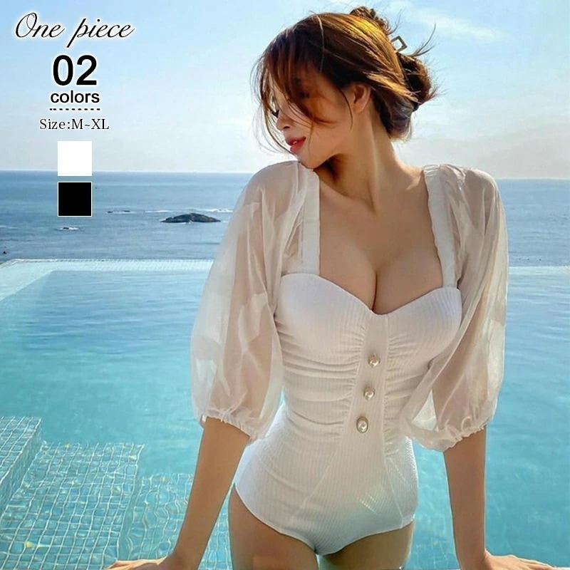 水着レディースワンピース体型カバーオールインワンシアーシースルー長袖袖袖あり透け感セクシー大きいサイズボリューム袖盛れるパッド付きカップ付きリゾート白黒春夏韓国韓国ファッションココモモ