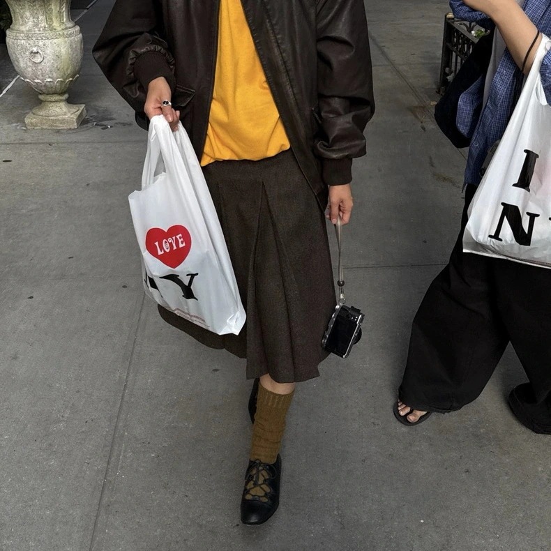 春 年明け 新 韓国 メラードブラウン Aライン ミディ プリーツスカート