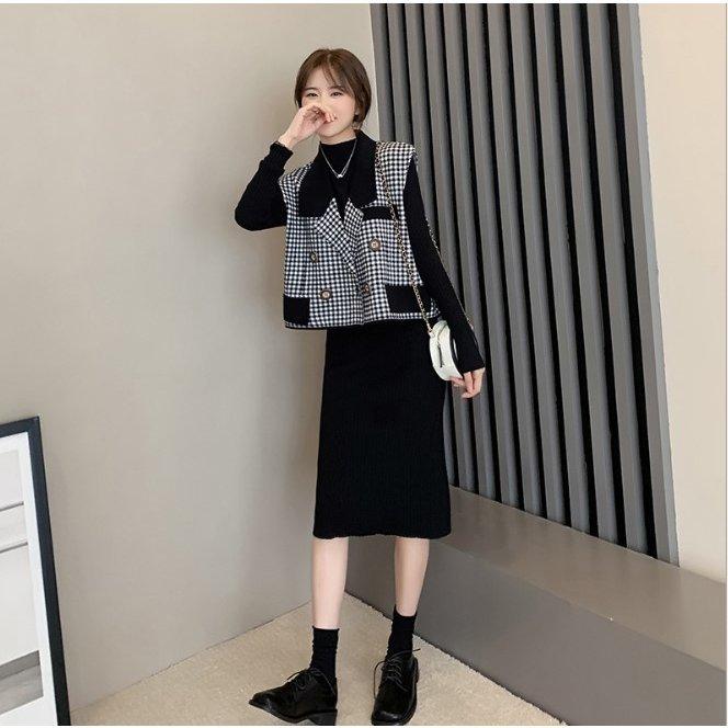 ワンピース ベストセットワンピース セットアップ レディース チェック柄 ラシャベスト レイヤード ニットワンピース 長袖 スリットワンピ 着重ね 可愛い