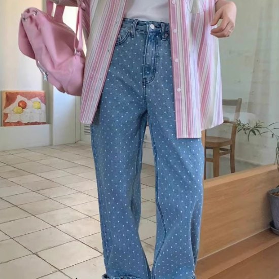 デニムパンツ レディース ボトムス ストレートジーンズ 長ズボン ジーパン Ｇパン ハイウエスト ドット柄 水玉 総柄 カジュアル お出かけ おしゃれ ルーズ 女性 ファッション デニム