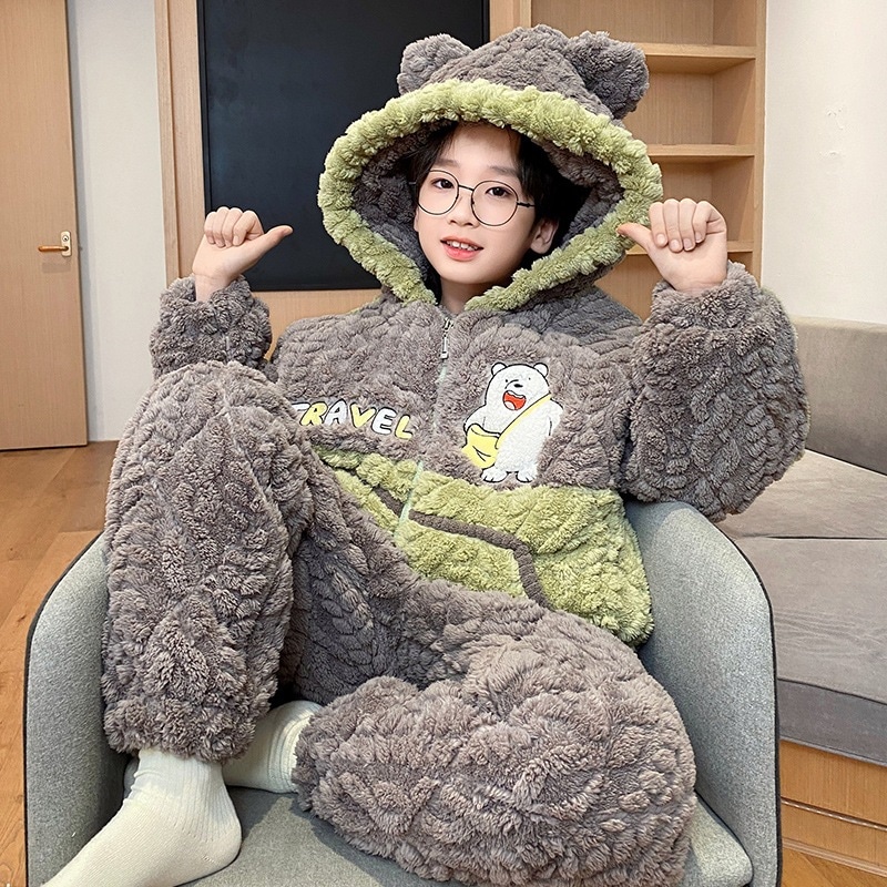 男の子用パジャマ綿三重セット秋冬中大童男の子加絨加厚子供用連帽部屋着