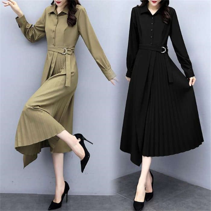 プリーツワンピース レディース スーツワンピース ロング丈 春秋新品 ビジネス シャツワンピース Aライン 長袖 無地 OL 通勤 ロングワンピース きれいめ 春夏 優雅 同窓会 淑女 着痩せ 大人