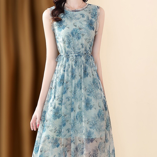 ワンピース ノースリーブ 夏 春夏 かわいい aライン Aライン フレア フレアスカート 膝下 ミモレ丈 ラウンドネック 襟なし フレア セミフレア スリム 細身 ストレート Aライン スマート シフ