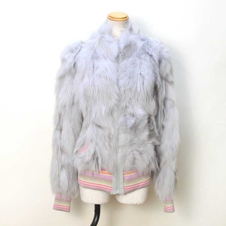 フォックス ファー ニット ジャケット ブルゾン グレー 送料無料 レディース ギフト プレゼント 66,000円