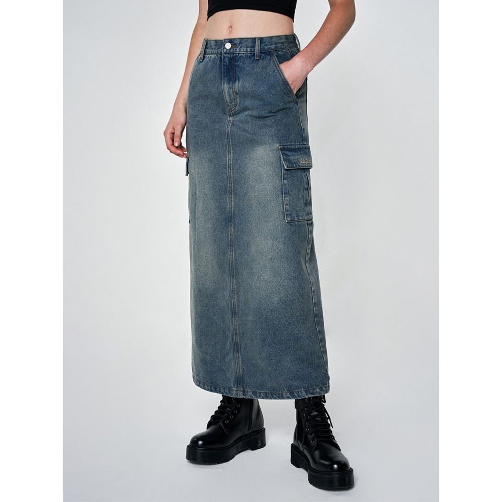 ODD STUDIO サンドウォッシュカーゴデニムロングスカートブルー