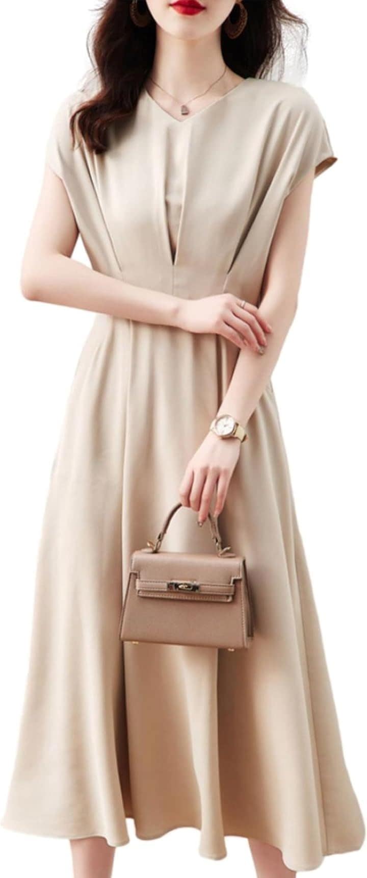 ワンピース レディース フレア ミモレ丈 Vネック フレンチ袖 タックダーツ 裏地有 ハイウエスト BB034(ベージュ, L)