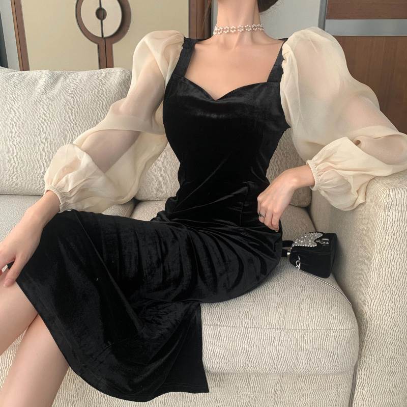 ワンピース ワンピドレス キャバドレス ドレス レディース 長袖 ドッキング 切り替え 黒 パーティードレス バイカラー マーメイド ボリューム袖 パフスリーブ ブラック S M ゴージャス セクシー 4,805円