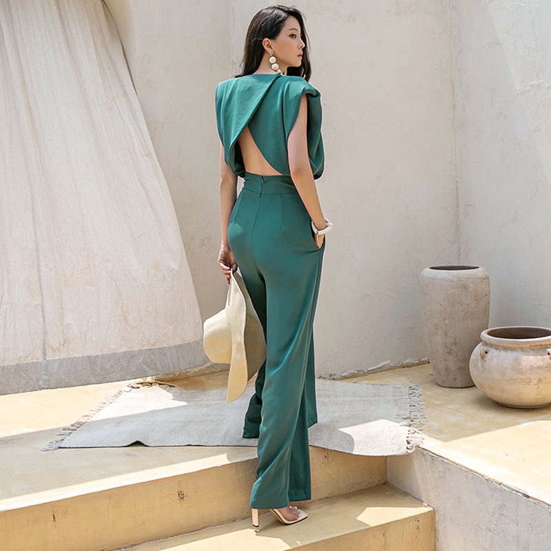 JS9006 斜線バックスリットパッドマキシジャンプスーツ