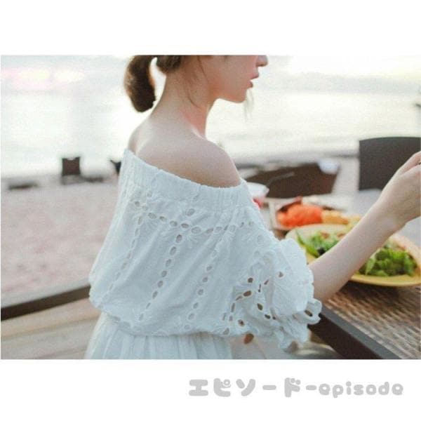 ワンピース レディース 夏 マキシワンピース ボートネック 白レース ワンピース 韓国風 膝丈 ロング丈ワンピース オフショルダー オシャレ 上品 旅行 海デート 4,879円