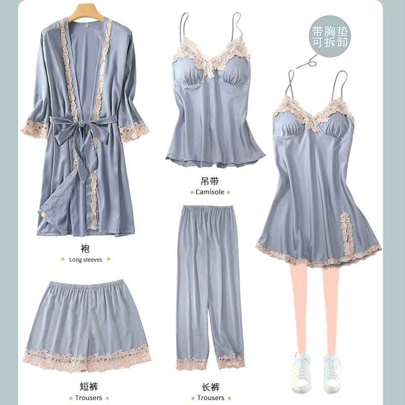 レディース アイスシルク パジャマ 春夏新作 長袖 スイート アウターとしても着られる シルクホームウェア5点セット