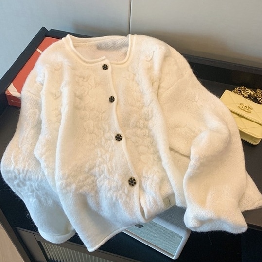 セーター カーディガン アウター トップス ケーブル エンボス モヘア 前開き アウター ラウンドネック 長袖 大人可愛い お洒落 こなれ感