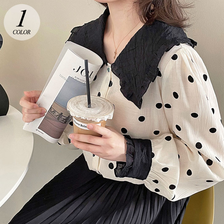 ドット柄 襟付き ブラウス 長袖 トップス シャツ 水玉 ドット シアー シースルー 透け感 可愛い フェミニン きれいめ オケージョン セレモニー 春 秋 冬 レディース 韓国ファッション