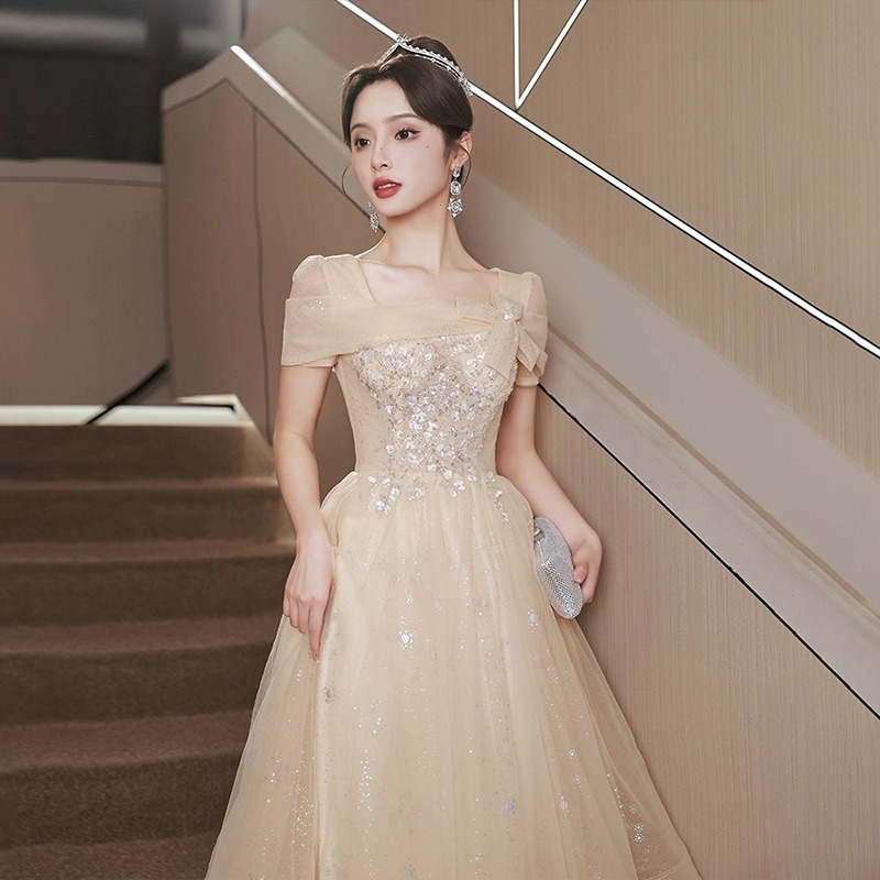 女性用シャンパンイブニングドレス2024年小成人式誕生日卒業パーティードレス