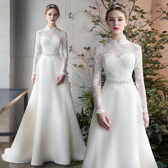 ウエディングドレス 結婚式 海外挙式 花嫁 二次会 ロングドレス ブライダル wedding dress 白 オフホワイト 長袖 レース 立ち襟 ファスナー シンプルドレス
