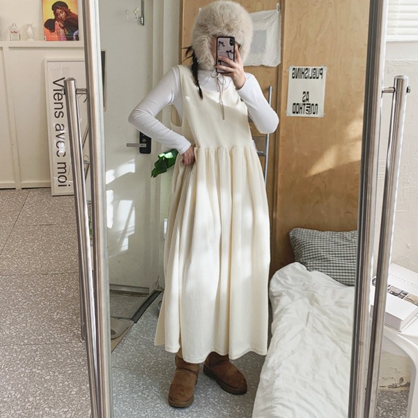 韓国ファッション コーデュロイ シャーリング レイヤード 袖なし ロング ワンピース