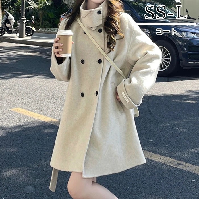コート サイドカラー レディース ショート丈 小さいサイズ 小柄 秋 冬 冬服 定番 暖かい ロング チェスター カジュアル シンプル アウター 韓国 大人 黒 ブラック サイド オープン スタンド
