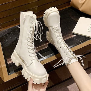 スモールハイト ブリティッシュスタイル ハイトップ 婦人靴 厚底ベルベット ホワイトミッドブブーツ