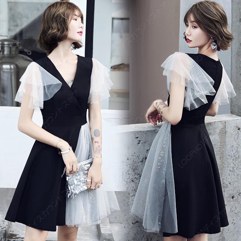 カラードレス ファスナー パーティードレス フォーマルドレス ミディアムドレス ミニドレス ブラック フリル 結婚式 二次会 披露宴 発表会 演奏会 謝恩会 食事会-86