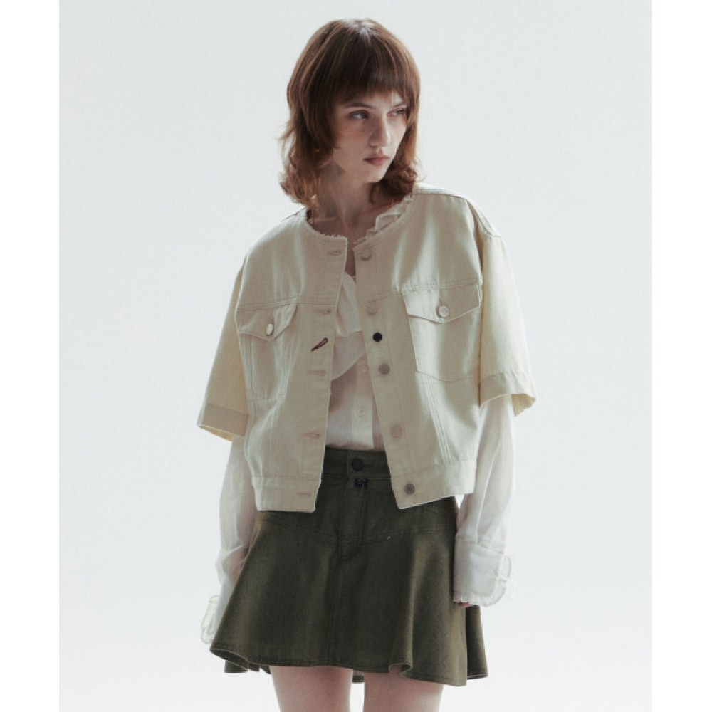 CHOWOO ラウンドネックデニムジャケット-アイボリー(レディース)