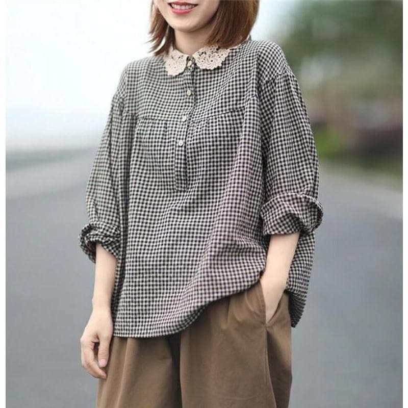 シャツブラウス レディース シャツ ブラウス 長袖 トップス 春 秋 綿 カジュアル 秋トップス チェック 切り替え ギャザー 大きいサイズ フリーサイズ ブラック ブラウン レッド