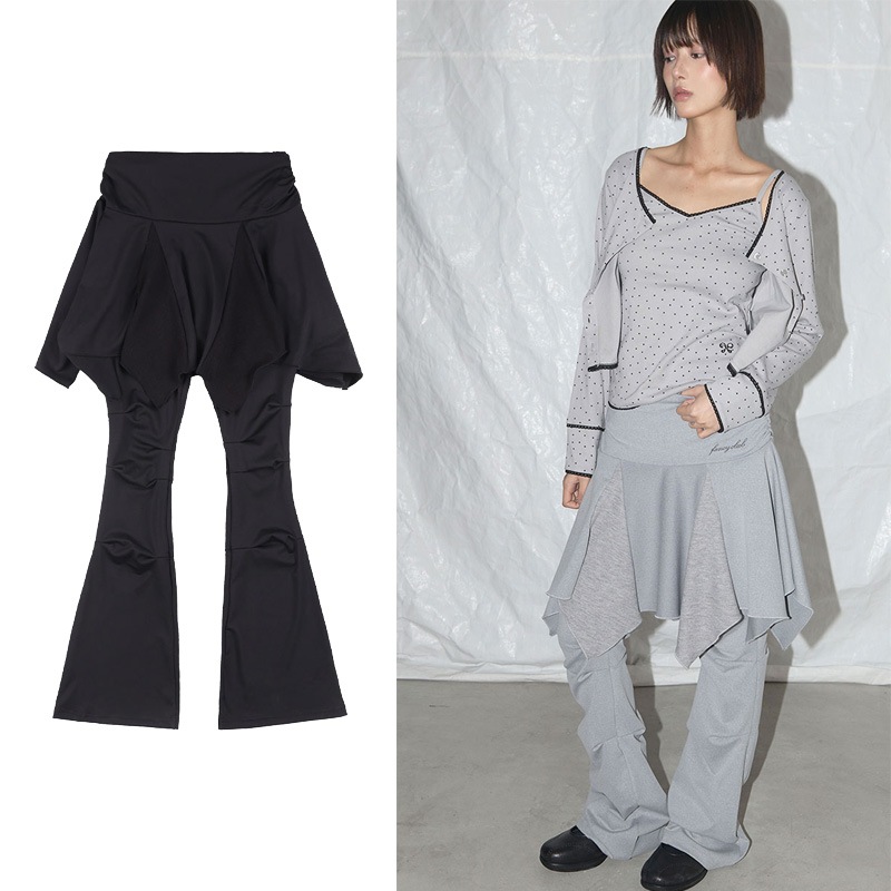 UNBALANCE SKIRT LAYERED PINTUCK PANTS- BLACK/GRAY / アンバランススカート レイヤードピンタックパンツ