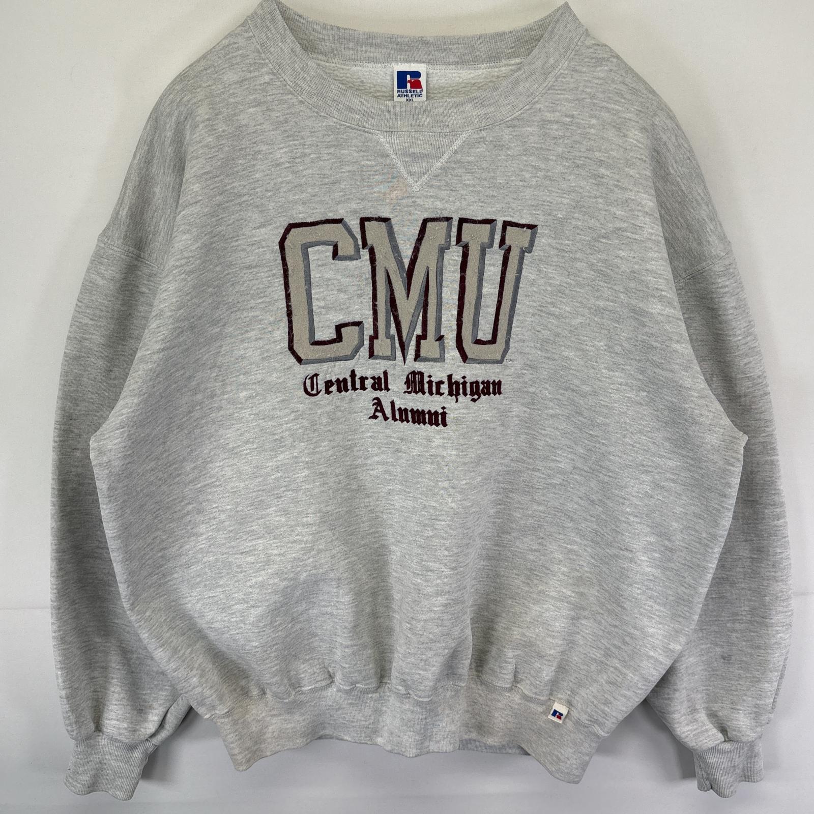 古着 90s/90年代 USA製 スウェット トレーナー 大きいサイズ CMUカレッジロゴ オールドイングリッシュ 前V グレー メンズ