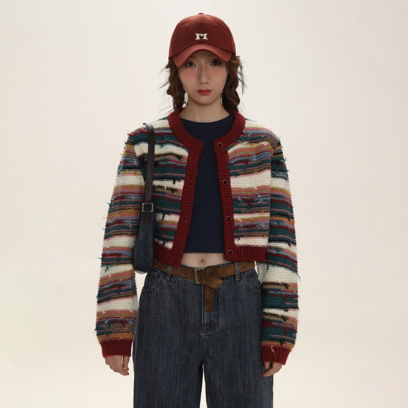 モロモロラウンドネックショートストライプコントラストニットカーディガン秋の新スリム長袖コート女性用