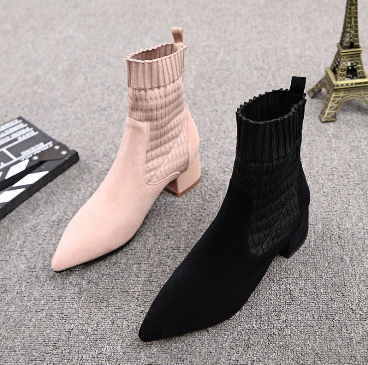 【本日限定】レディースブーツ　ショートブーツ　ニットブーツ　ストレッチ素材　ショート丈　秋冬　ストレッチソックスブーツ　太ヒール　ミドルヒール　4センチ　チャンキーヒール　ブラック　ピンク　裏起毛　ス