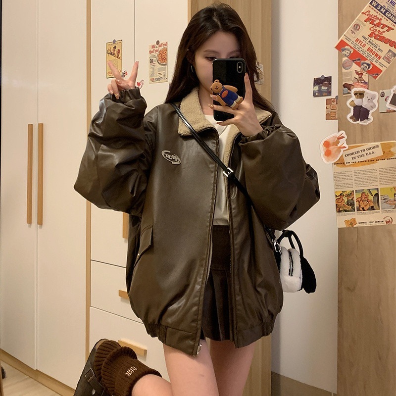 ジャケット アウター 韓国ファッション 防寒 ゆったりスウェット ブルゾンファー付きファッション系裹起毛大人ゆったりカジュアルストリートサイズレディースムートン襟フリースシルエット学生通学丈福袋