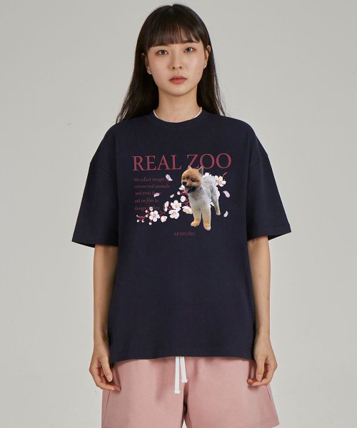 [韓国直送] 本物の動物園のフラワーポメラニアラウンドネック15のハーフスリーブTシャツ_navy