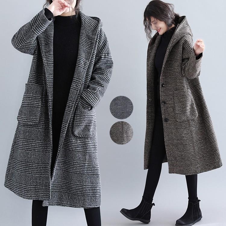 【短納期】販売最低価 ！グレンチェックコートレディースアウターフーデットフードロング丈