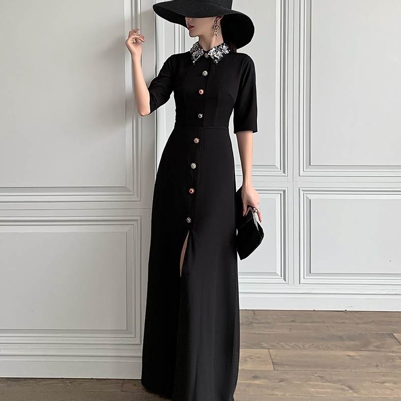 超目玉 パーティードレス 黒 ロング ドレス 袖あり 個性的 花 装飾 大人可愛い スリット 結婚式 二次会 お呼ばれ 演奏会 発表会 フォーマル ドレス ワンピース スレンダー 細身 お洒落 5部袖