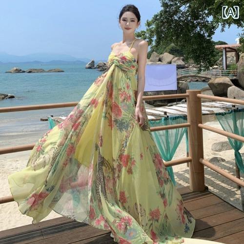 リゾート ワンピース 大人 レディース ハイウエスト スリム ビーチ スカート スーパー フェアリー グース イエロー プリント ドレス サンヤ スリット ビッグ スイング ロング スカート